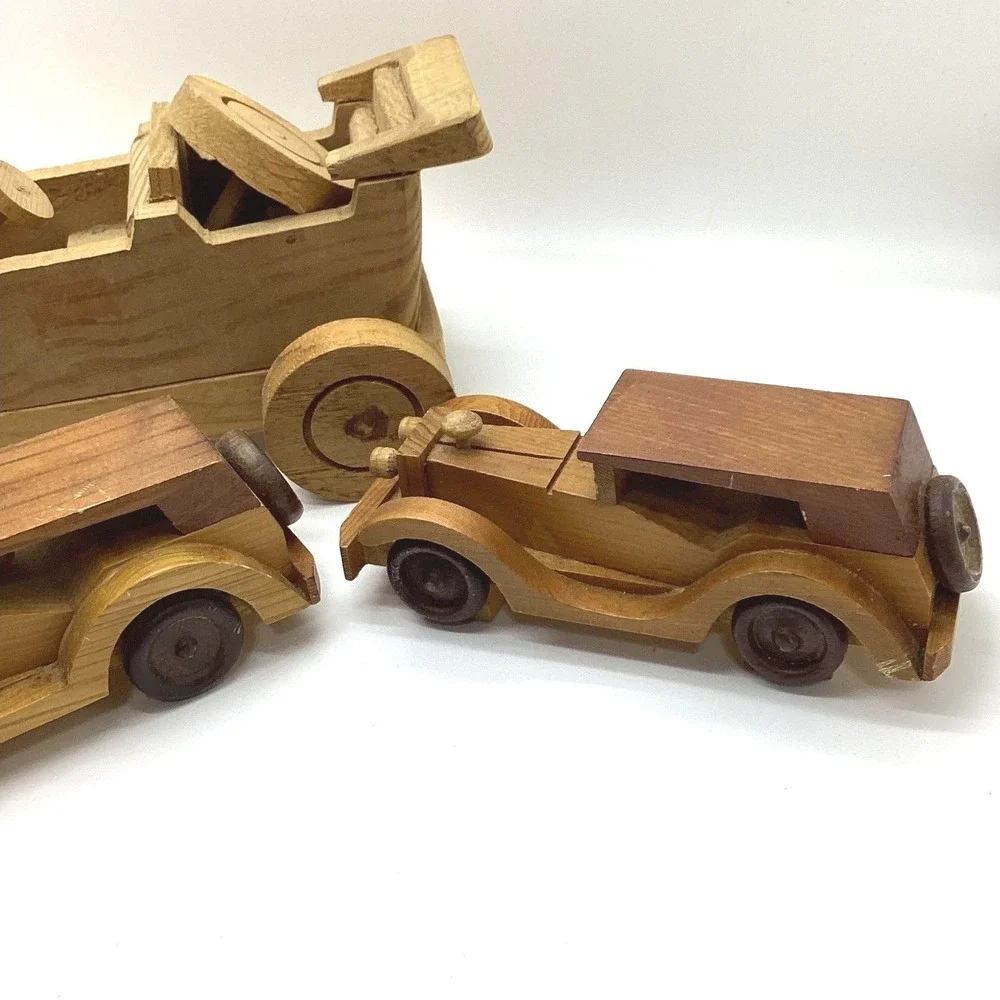Vintage Handmade Wooden Toy Cars Set of 3 Antique Style Model T Sedan Roadster‎